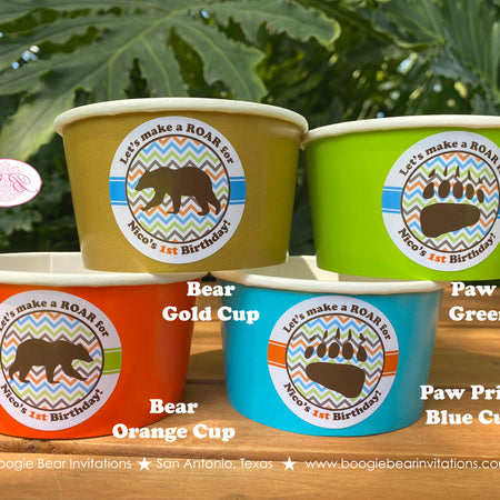 Grizzly Bear Party Treat Cups Candy Food Buffet Appetizer Paper Birthday Green Orange Blue Brown Kodiak Boogie Bear Invitations Nico Theme