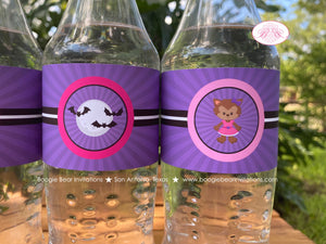Werewolf Girl Birthday Party Bottle Wraps Wrapper Cover Label Spider Full Moon Howl Bat Halloween Pink Boogie Bear Invitations Sylvie Theme
