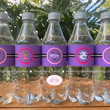 Werewolf Girl Birthday Party Bottle Wraps Wrapper Cover Label Spider Full Moon Howl Bat Halloween Pink Boogie Bear Invitations Sylvie Theme