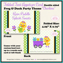 Load image into Gallery viewer, Frog Duck Birthday Party Favor Card Appetizer Food Folded Tent Girl Purple Spring Garden Rain Boogie Bear Invitations Charlene Theme Printed