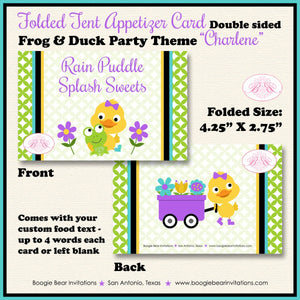 Frog Duck Birthday Party Favor Card Appetizer Food Folded Tent Girl Purple Spring Garden Rain Boogie Bear Invitations Charlene Theme Printed