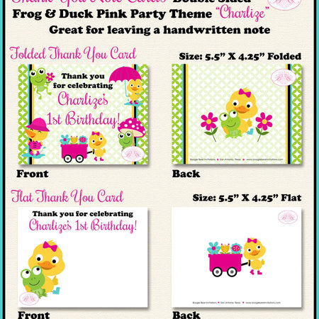 Frog Duck Party Thank You Card Birthday Girl Pink Spring Splash Garden Gardening Plant Seed Boogie Bear Invitations Charlize Theme Printed