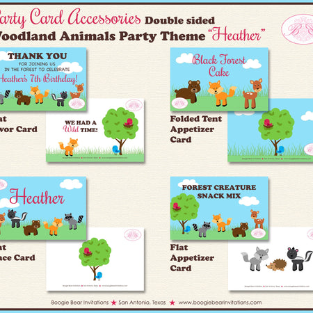 Woodland Animals Birthday Party Favor Card Place Food Tag Tent Appetizer Forest Creatures Garden Boogie Bear Invitations Heather Theme