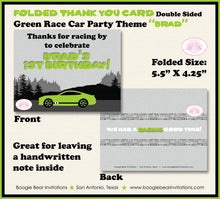 Load image into Gallery viewer, Green Race Car Birthday Party Thank You Card Note Circuit Course Sports Coupe Racing Lime Black Boogie Bear Invitations Brad Theme Printed
