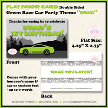 Load image into Gallery viewer, Green Race Car Birthday Party Favor Card Tent Appetizer Place Circuit Course Racing Lime Black Boogie Bear Invitations Brad Theme Printed