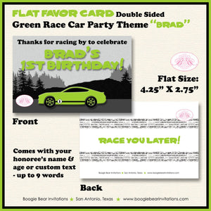 Green Race Car Birthday Party Favor Card Tent Appetizer Place Circuit Course Racing Lime Black Boogie Bear Invitations Brad Theme Printed