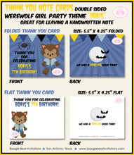 Load image into Gallery viewer, Werewolf Boy Party Thank You Card Note Birthday Full Moon Black Bat Spider Yellow Blue Halloween Boogie Bear Invitations Boris Theme Printed