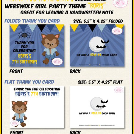 Werewolf Boy Party Thank You Card Note Birthday Full Moon Black Bat Spider Yellow Blue Halloween Boogie Bear Invitations Boris Theme Printed