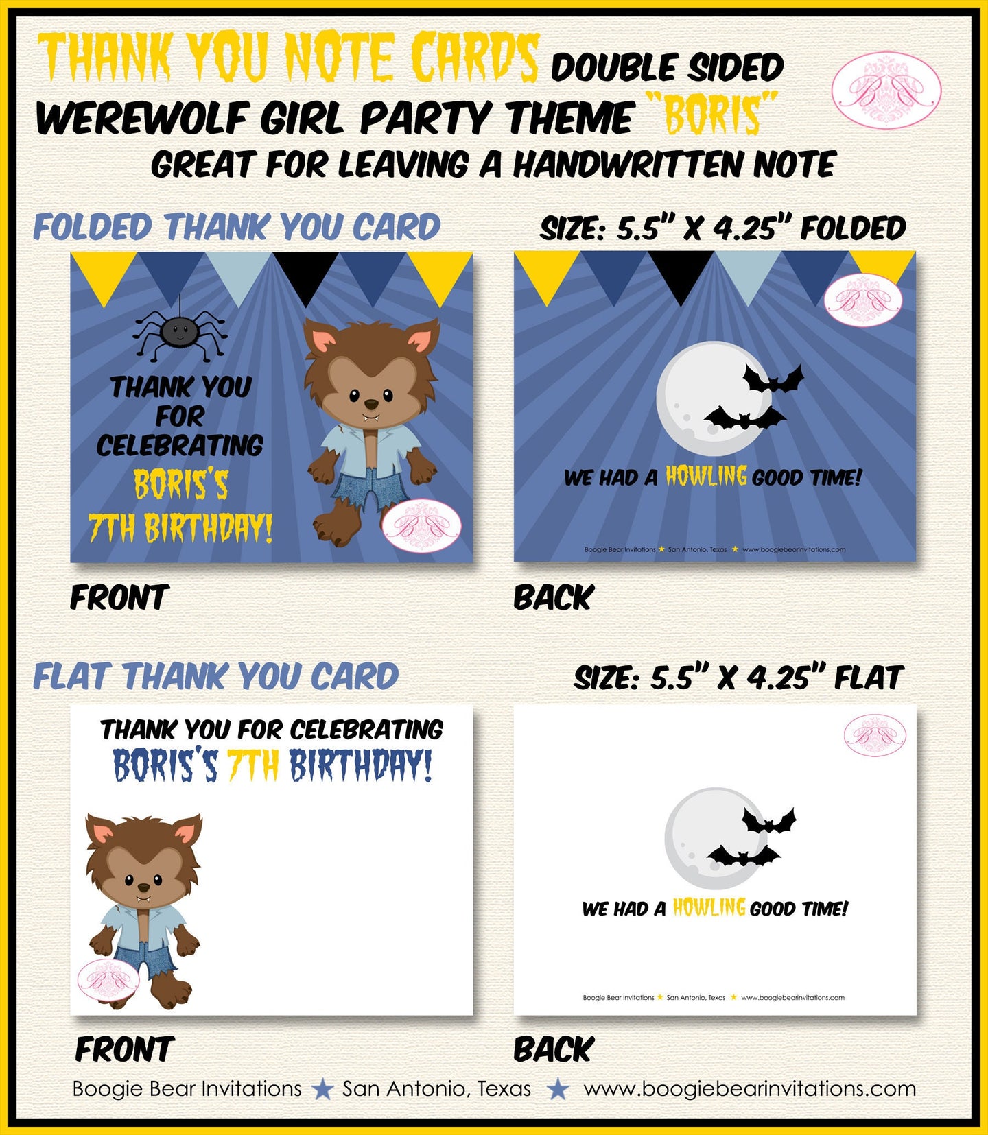 Werewolf Boy Party Thank You Card Note Birthday Full Moon Black Bat Spider Yellow Blue Halloween Boogie Bear Invitations Boris Theme Printed