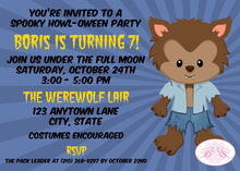 Load image into Gallery viewer, Werewolf Boy Birthday Party Invitation Halloween Full Moon Wolf Spooky Howl Boogie Bear Invitations Boris Theme Paperless Printable Printed