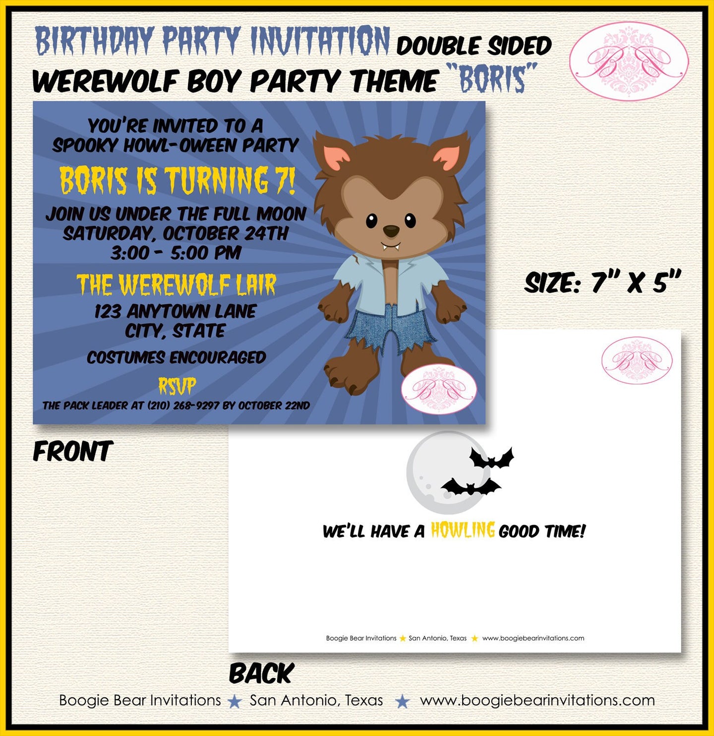 Werewolf Boy Birthday Party Invitation Halloween Full Moon Wolf Spooky Howl Boogie Bear Invitations Boris Theme Paperless Printable Printed