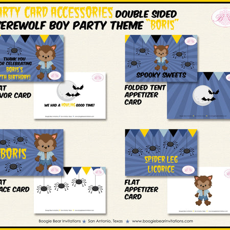 Werewolf Boy Birthday Favor Party Card Tent Place Halloween Full Moon Blue Black Yellow Spider Boogie Bear Invitations Boris Theme Printed