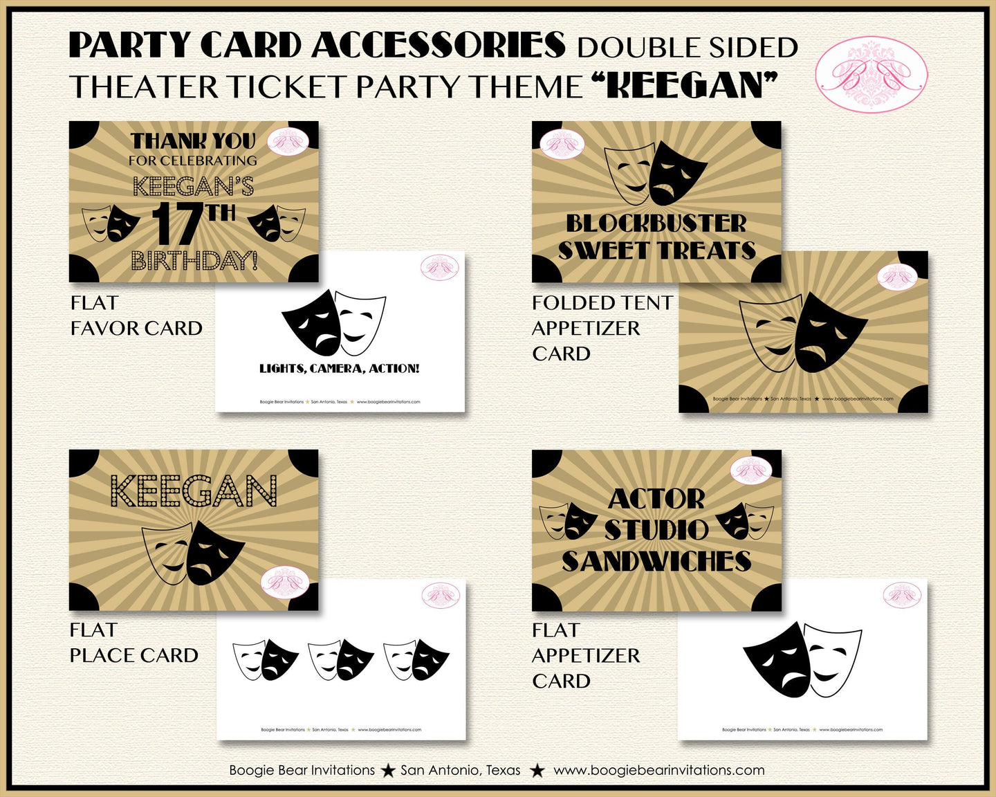 Theater Ticket Birthday Favor Party Card Boy Girl Tent Place Tag Actor Theatre Drama Gold Black Boogie Bear Invitations Keegan Theme Printed