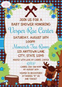 Little Boy Moose Baby Shower Invitation Blue Forest Woodland Animals Calf Boogie Bear Invitations Vesper Theme Paperless Printable Printed