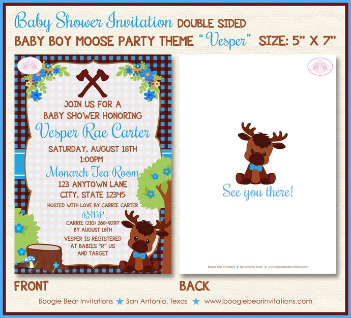 Little Boy Moose Baby Shower Invitation Blue Forest Woodland Animals Calf Boogie Bear Invitations Vesper Theme Paperless Printable Printed