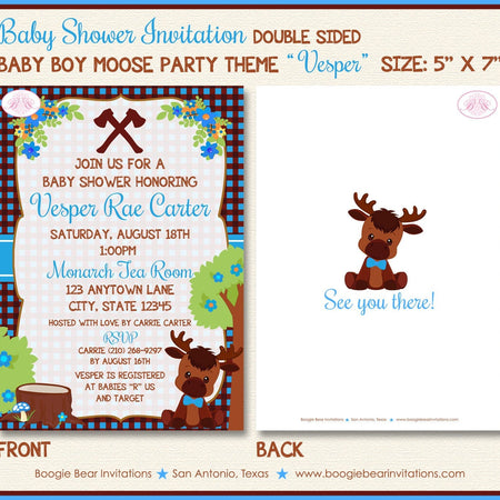 Little Boy Moose Baby Shower Invitation Blue Forest Woodland Animals Calf Boogie Bear Invitations Vesper Theme Paperless Printable Printed