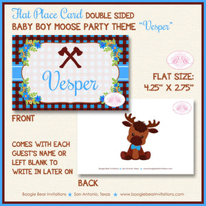 Little Moose Birthday Party Favor Card Tent Place Sign Appetizer Forest Blue Boy Woodland Plaid Boogie Bear Invitations Vesper Theme Printed