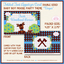 Load image into Gallery viewer, Little Moose Birthday Party Favor Card Tent Place Sign Appetizer Forest Blue Boy Woodland Plaid Boogie Bear Invitations Vesper Theme Printed