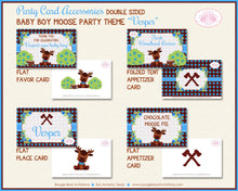 Load image into Gallery viewer, Little Moose Birthday Party Favor Card Tent Place Sign Appetizer Forest Blue Boy Woodland Plaid Boogie Bear Invitations Vesper Theme Printed