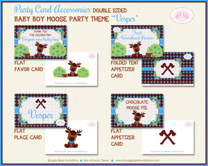 Little Moose Birthday Party Favor Card Tent Place Sign Appetizer Forest Blue Boy Woodland Plaid Boogie Bear Invitations Vesper Theme Printed