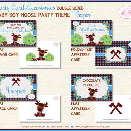 Little Moose Birthday Party Favor Card Tent Place Sign Appetizer Forest Blue Boy Woodland Plaid Boogie Bear Invitations Vesper Theme Printed