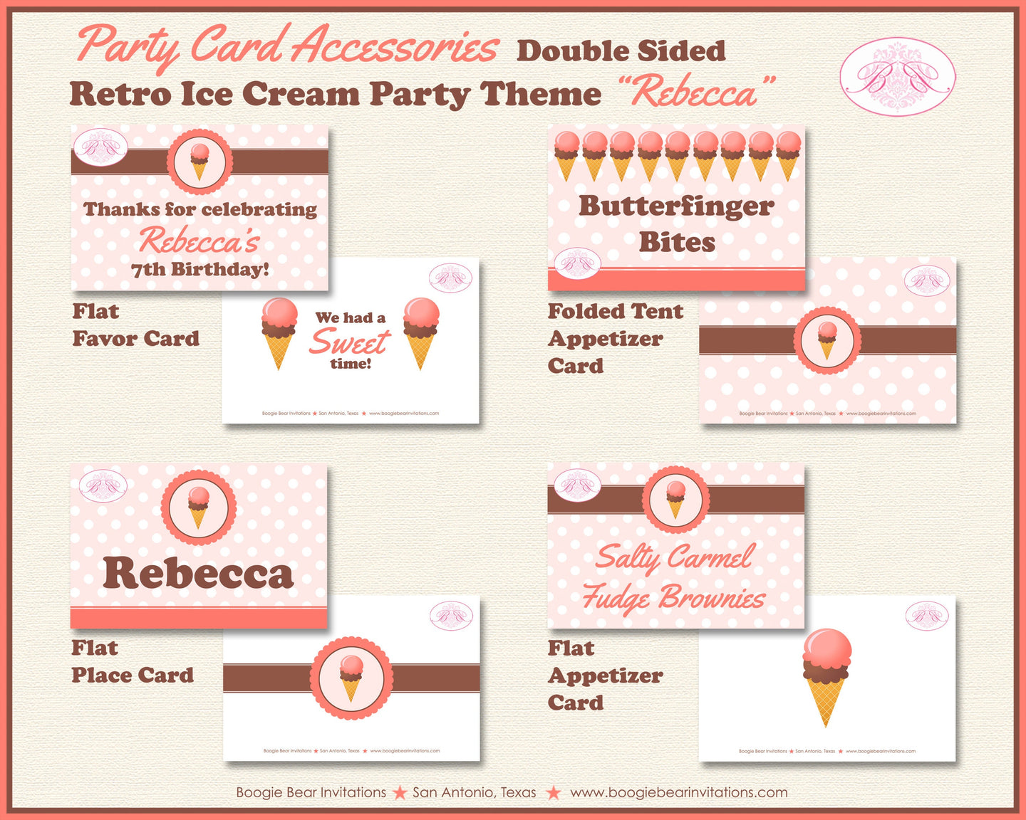 Ice Cream Birthday Party Favor Card Tent Place Sign Appetizer Girl Sweet Pink Coral Popsicle Boogie Bear Invitations Rebecca Theme Printed