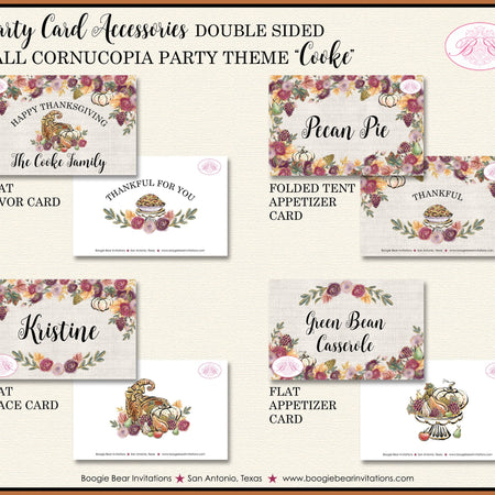 Thanksgiving Birthday Party Favor Card Tent Place Sign Appetizer Cornucopia Turkey Fall Autumn Boogie Bear Invitations Cooke Theme Printed