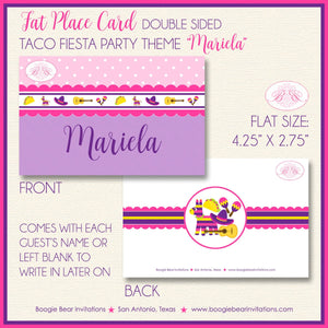 Fiesta Taco Birthday Party Favor Card Appetizer Food Place Sign Label Girl Pink Purple Cinco De Mayo Boogie Bear Invitations Mariela Theme