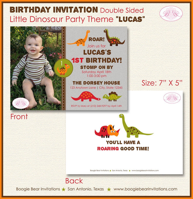 Dinosaur Birthday Party Invitation Photo Boy Girl Dino Retro Red Prehistoric Boogie Bear Invitations Lucas Theme Paperless Printable Printed