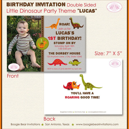 Dinosaur Birthday Party Invitation Photo Boy Girl Dino Retro Red Prehistoric Boogie Bear Invitations Lucas Theme Paperless Printable Printed