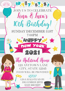 Happy New Years Birthday Party Invitation Boy Girl Sibling Twins Kids Boogie Bear Invitations Lona Luca Theme Paperless Printable Printed