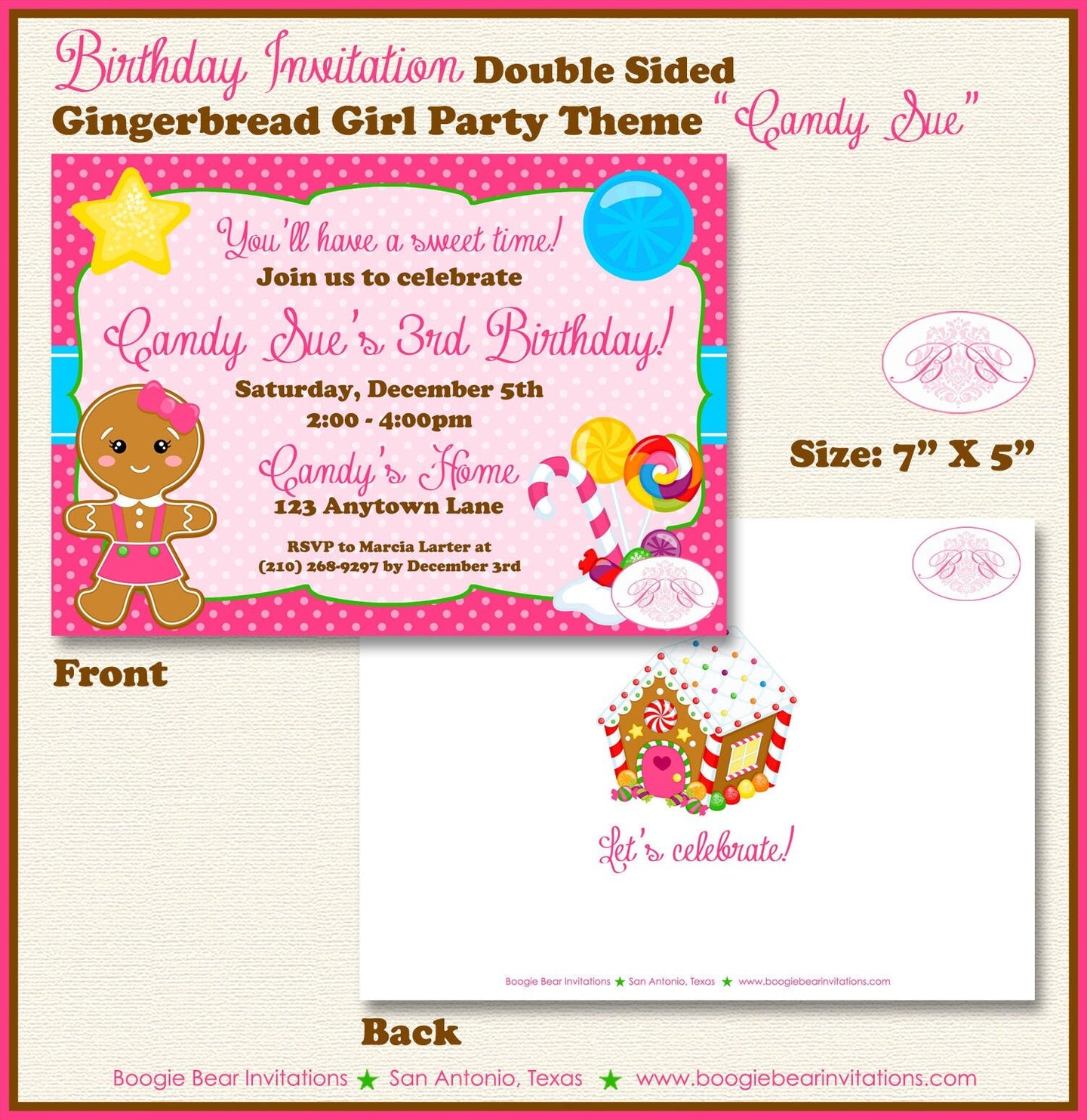 Gingerbread Girl Birthday Party Invitation Winter Pink Christmas House Boogie Bear Invitations Candy Sue Theme Paperless Printable Printed