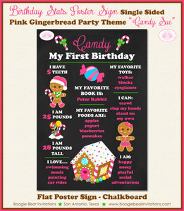 Pink Gingerbread Birthday Party Sign Stats Poster Frameable Chalkboard Milestone Girl 1st Christmas Boogie Bear Invitations Candy Sue Theme
