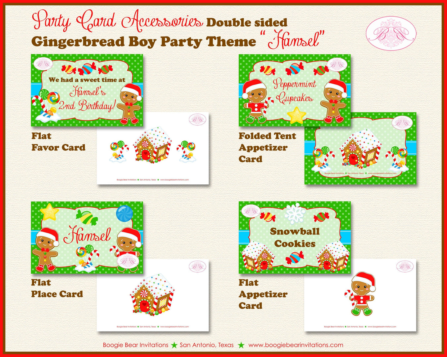 Gingerbread Boy Birthday Party Favor Card Appetizer Food Place Sign Label Winter Snowflake Christmas Boogie Bear Invitations Hansel Theme