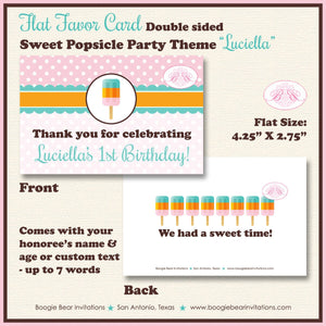 Pink Popsicle Birthday Party Favor Card Tent Place Sign Appetizer Girl Aqua Sweet Ice Cream Boogie Bear Invitations Luciella Theme Printed
