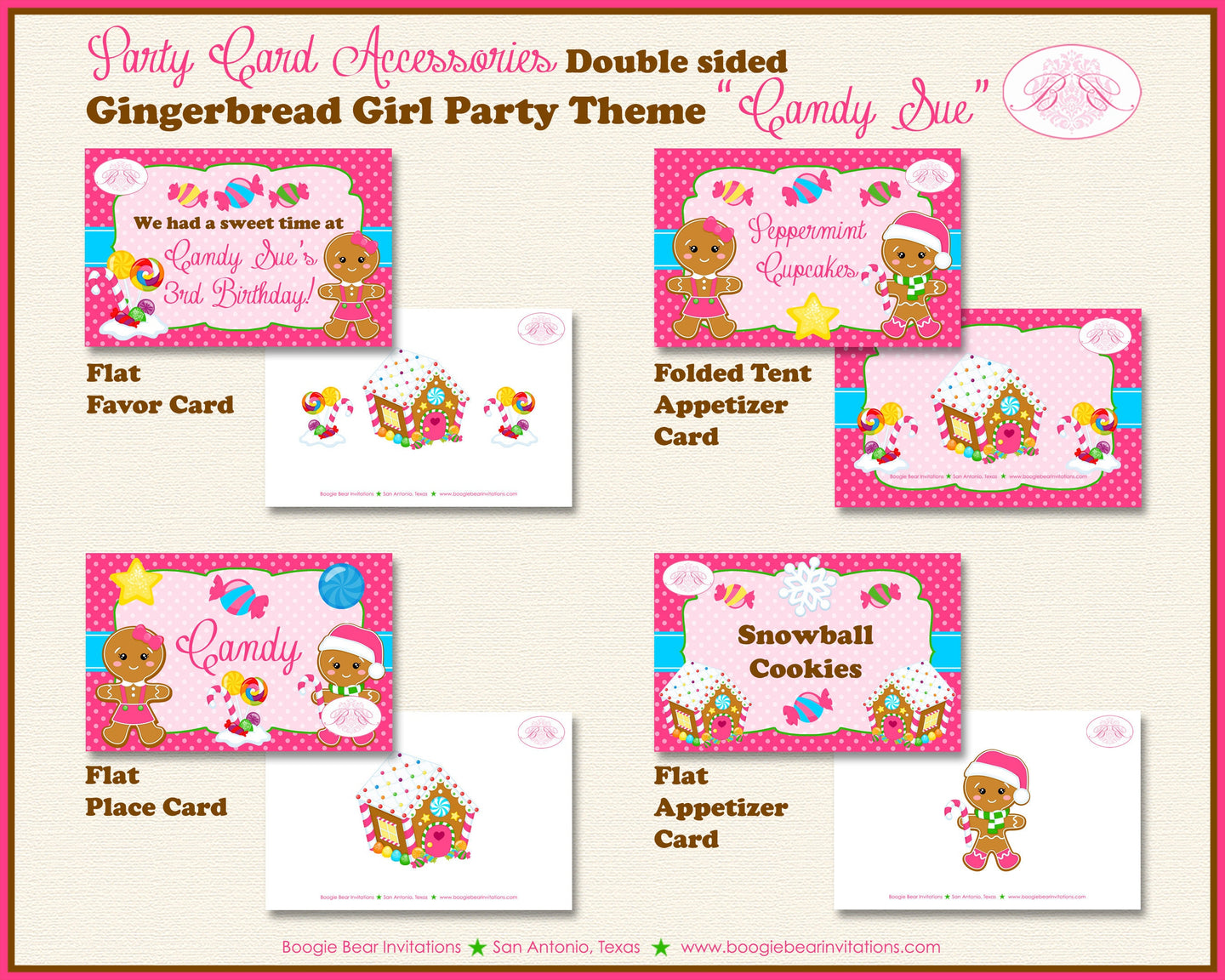 Gingerbread Girl Birthday Party Favor Card Appetizer Food Place Sign Label Pink Winter Christmas Kid Boogie Bear Invitations Candy Sue Theme