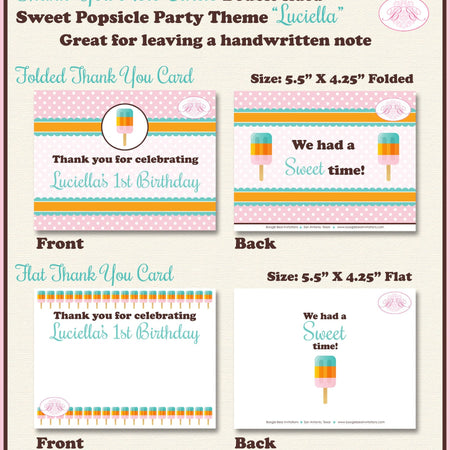 Popsicle Birthday Party Thank You Card Retro Sweet Girl Pink Aqua Turqoise Orange Ice Cream Boogie Bear Invitations Luciella Theme Printed