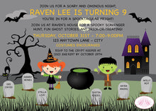 Load image into Gallery viewer, Halloween Birthday Party Invitation Graveyard Spooky Cemetery Black Cat Boogie Bear Invitations Raven Lee Theme Paperless Printable Printed