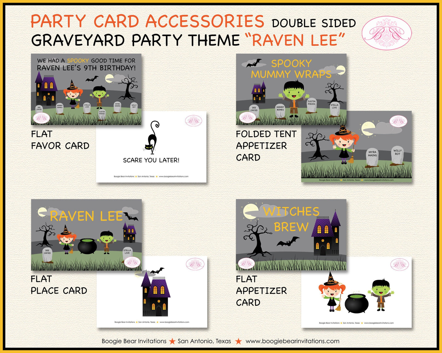 Halloween Birthday Party Favor Card Tent Place Sign Appetizer Graveyard Black Haunted House Boogie Bear Invitations Raven Lee Theme Printed