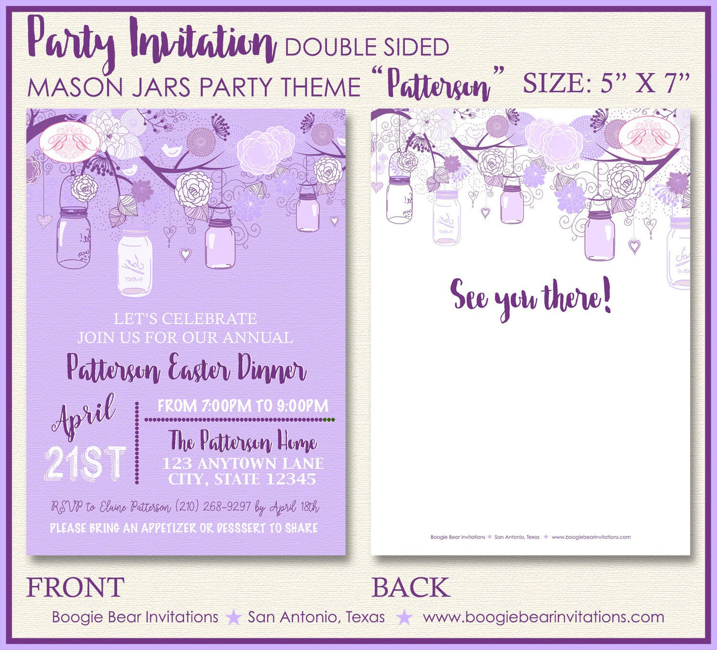 Purple Mason Jars Easter Party Invitation Whimsy Brunch Ladies Lavender Boogie Bear Invitations Patterson Theme Paperless Printable Printed