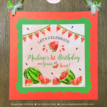 Red Watermelon Birthday Party Door Banner Birthday Girl Boy One In a Melon Two Sweet Green Summer Kids Boogie Bear Invitations Marlene Theme