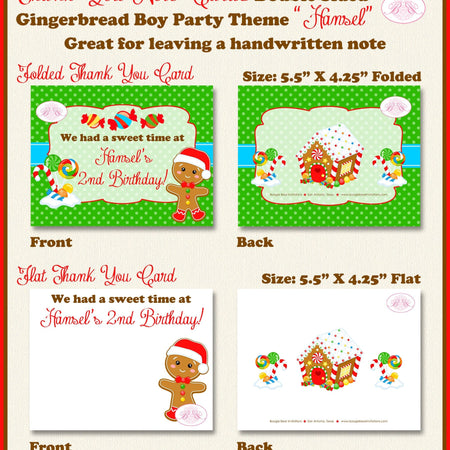 Gingerbread Boy Party Thank You Card Birthday Winter Christmas Candy House Snowflake Red Green Boogie Bear Invitations Hansel Theme Printed