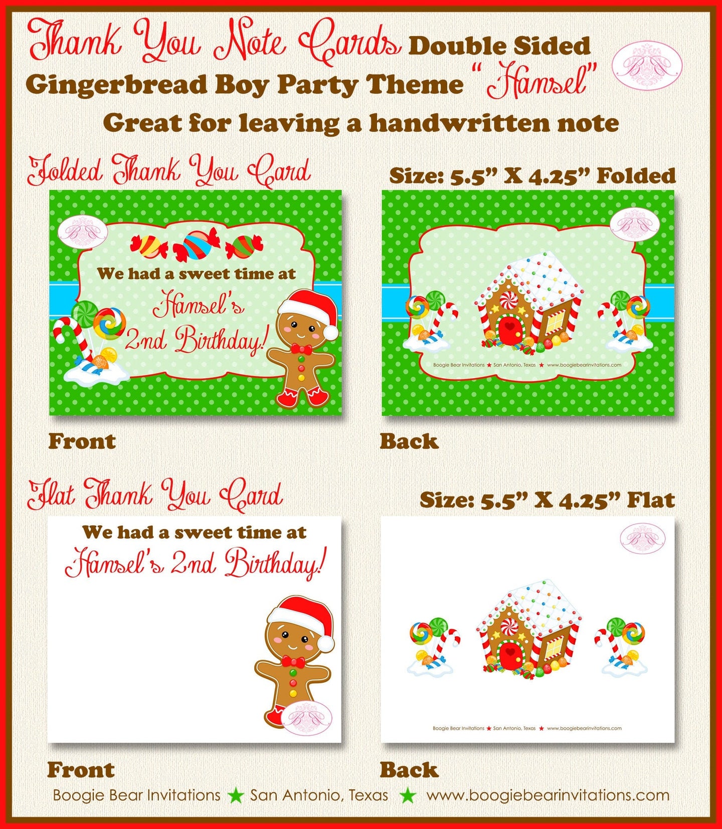 Gingerbread Boy Party Thank You Card Birthday Winter Christmas Candy House Snowflake Red Green Boogie Bear Invitations Hansel Theme Printed