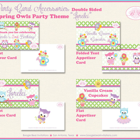 Spring Owls Birthday Party Favor Card Appetizer Food Place Sign Label Easter Grow Flower Garden Bird Boogie Bear Invitations Lorelei Theme