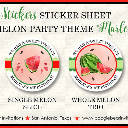 Red Watermelon Party Stickers Circle Sheet Birthday Girl Boy One In a Melon Two Sweet Summer Country Boogie Bear Invitations Marlene Theme