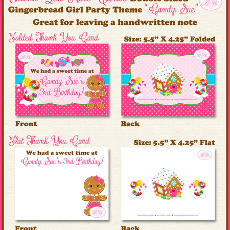 Pink Gingerbread Party Thank You Card Birthday Winter Christmas Candy House Snowflake Green Boogie Bear Invitations Candy Sue Theme Printed