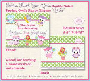 Spring Owls Party Thank You Card Birthday Easter Grow Flower Garden Bird Woodland Animals Pink Boogie Bear Invitations Lorelei Theme Printed