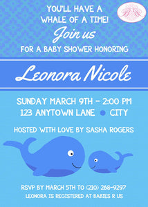 Blue Whale Baby Shower Invitation Boy Ocean Fish Swimming Swim Pool Party Boogie Bear Invitations Leonora Theme Paperless Printable Printed