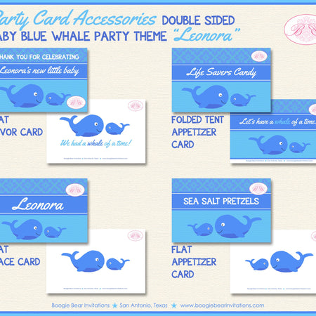 Blue Whale Baby Shower Party Favor Card Appetizer Food Place Sign Label Ocean Fish Swimming Swim Pool Boogie Bear Invitations Leonora Theme