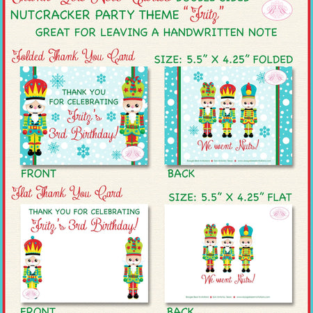 Nutcracker Party Thank You Cards Birthday Winter Christmas Ballet Boy Girl Kids Red Blue Green Boogie Bear Invitations Fritz Theme Printed